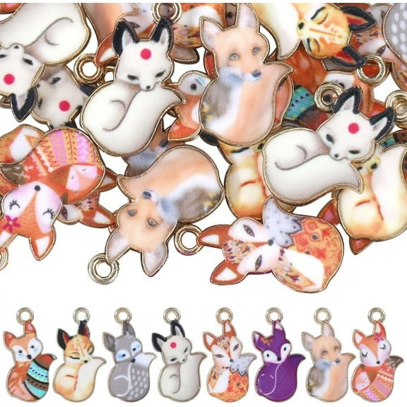 1 BOX 48Pcs 8 Stlyes Fox Charms Cute Animal Charm Bulk Enamel Alloy Lovely Wild Lucky Small Forest Animals Charms for Jewelry Making Charms Necklace Bracelet Keychain Crafting Beginners Colorful