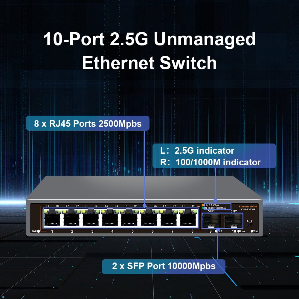 Davuaz 10 Port 2.5G Unmanaged Ethernet Switch with 8 x 2.5G Base-T Ports and 2x 10G SFP Uplink Port, Compatible with 100/1000/2500Mbps, Fanlesss Design, Plug & Play, Metal 2.5Gb Network Switch