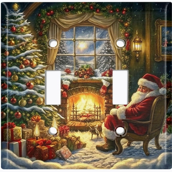 Metal Light Switch Wall Plate Outlet Cover (Printed Image of Santa Claus by the Christmas Tree - Double Toggle)
