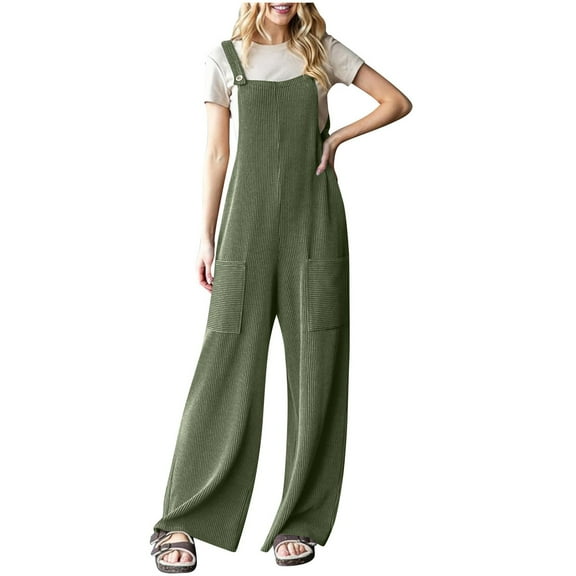Busydd Rompers for Women Dressy Casual Wide Leg Jumpsuits for Women Solid Color Ribbed One Piece Overalls for Women Loose Fit with Pockets