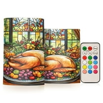 Flickering Flameless LED Candles set of 2 Battery Operated 18-Key Remotes Timer Halloween Fall Decor Thanksgiving Food on Table D3''xH4''5''
