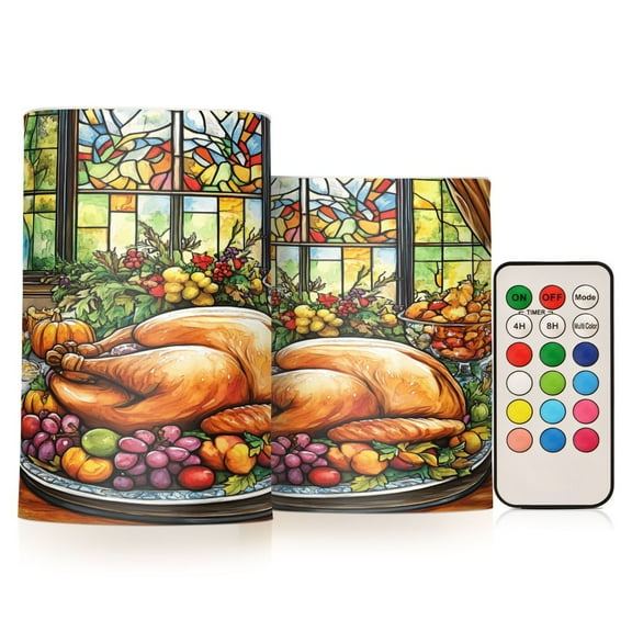 Flickering Flameless LED Candles set of 2 Battery Operated 18-Key Remotes Timer Halloween Fall Decor Thanksgiving Food on Table D3''xH4''5''