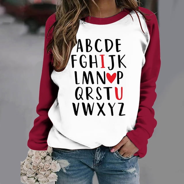 Qertyioot Valentine'S Sweatshirt pour Femme, Blouse à Manches Longues Imprimées à Col Rond