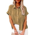 thumbnail image 2 of VINUSLI Linen Blouses for Women Summer Button Down Cotton Linen Shirts V Neck Roll Up Short Sleeve Blouses Loose Collared Shirt Work Casual Tops Khaki,XXXXXL, 2 of 8