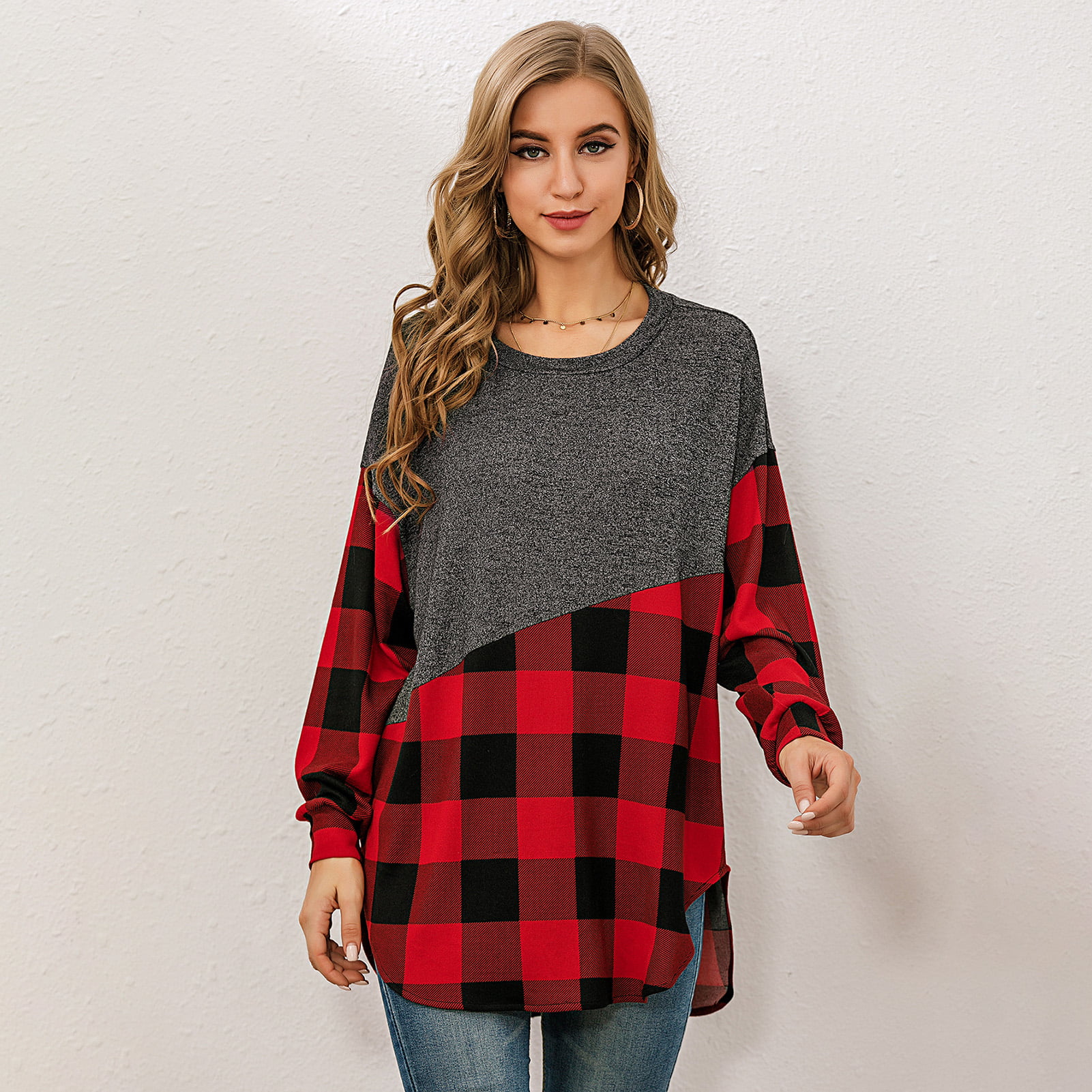 Womens Plaid Printed Top Autumn Long Raglan Sleeve O-Neck Casual Sweatshirt Tops Pullover