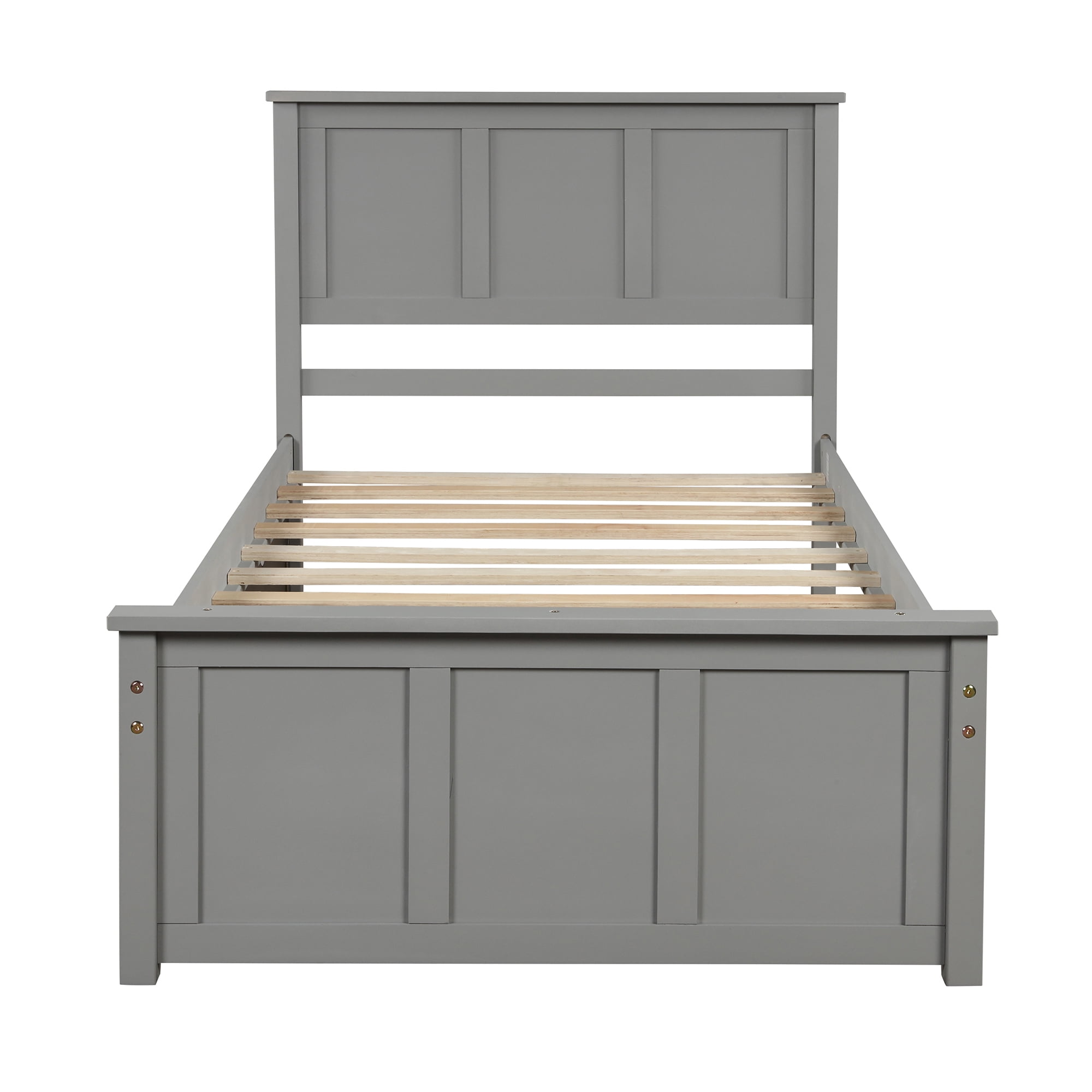 Euroco Wood Twin Size Platform Bed with Trundle for Kids Teens, Gray