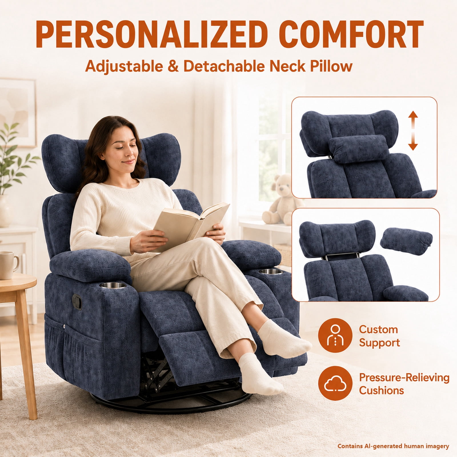 Leumius 360° Swivel Recliner Chair, Single Recliner with Adjustable Detachable Neck Pillow Ergonomic and Cup Holders, 300lbs Capacity Versatile Lounge Chair for Living Room Bedroom Home Theater