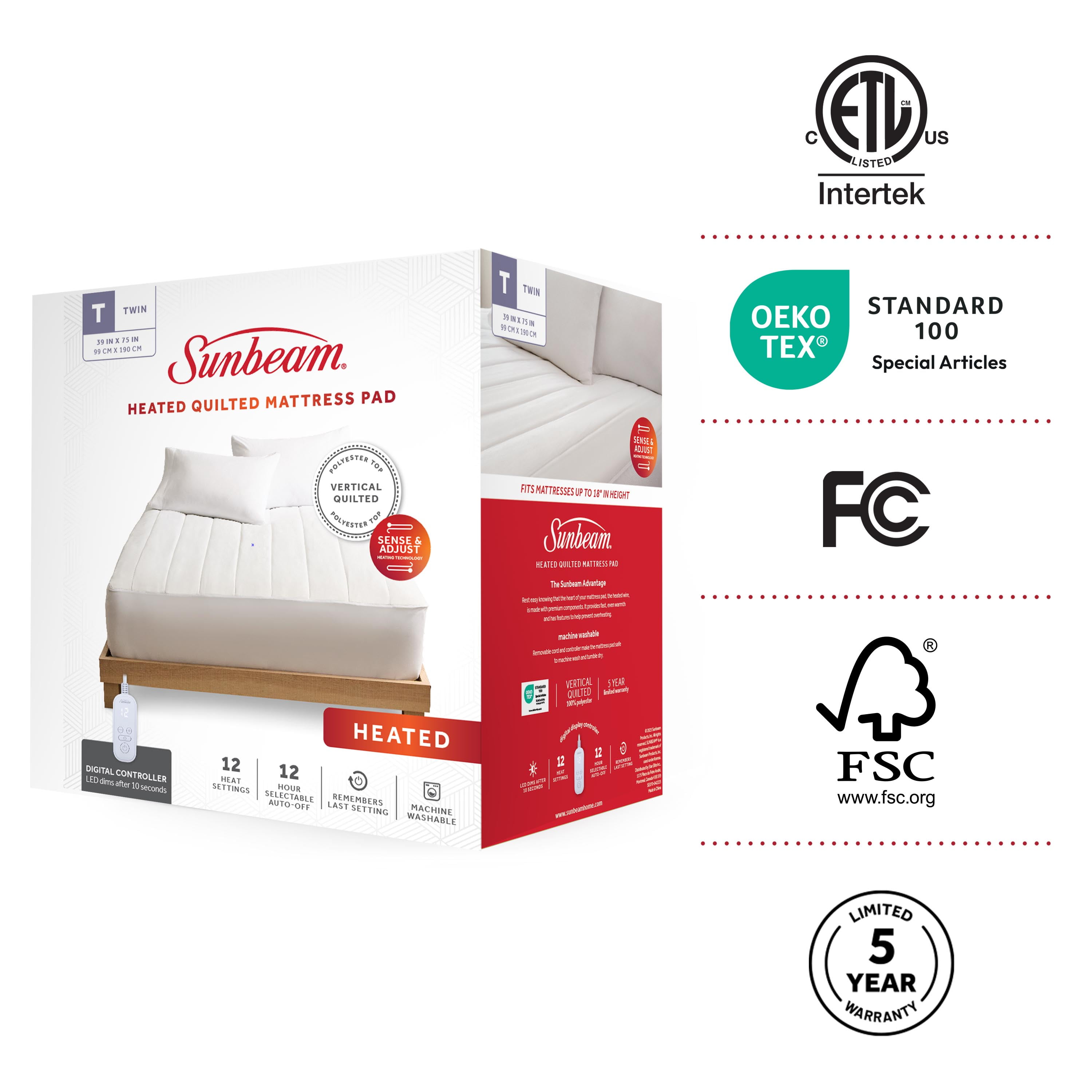 Surmatelas chauffant matelassé blanc Sunbeam pour lit jumeau, 12 réglages de chaleur, arrêt automatique, chauffage rapide, 99 cm x 190,5 cm (39 po x 75 po) SUNBEAM SB MPAD M1P TS