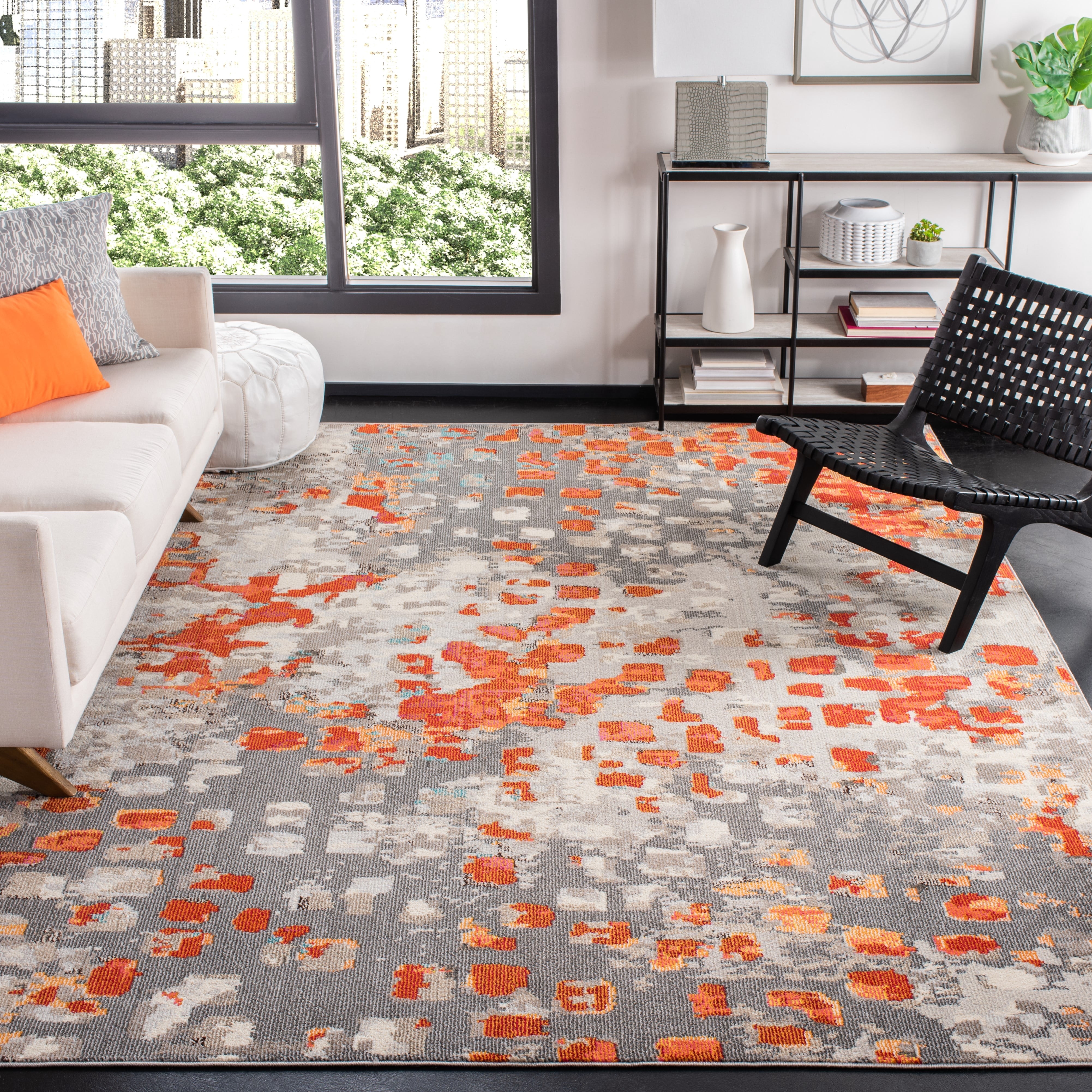 SAFAVIEH Madison Candelario Abstract Polka Dots Area Rug, Grey/Orange, 12' x 18'