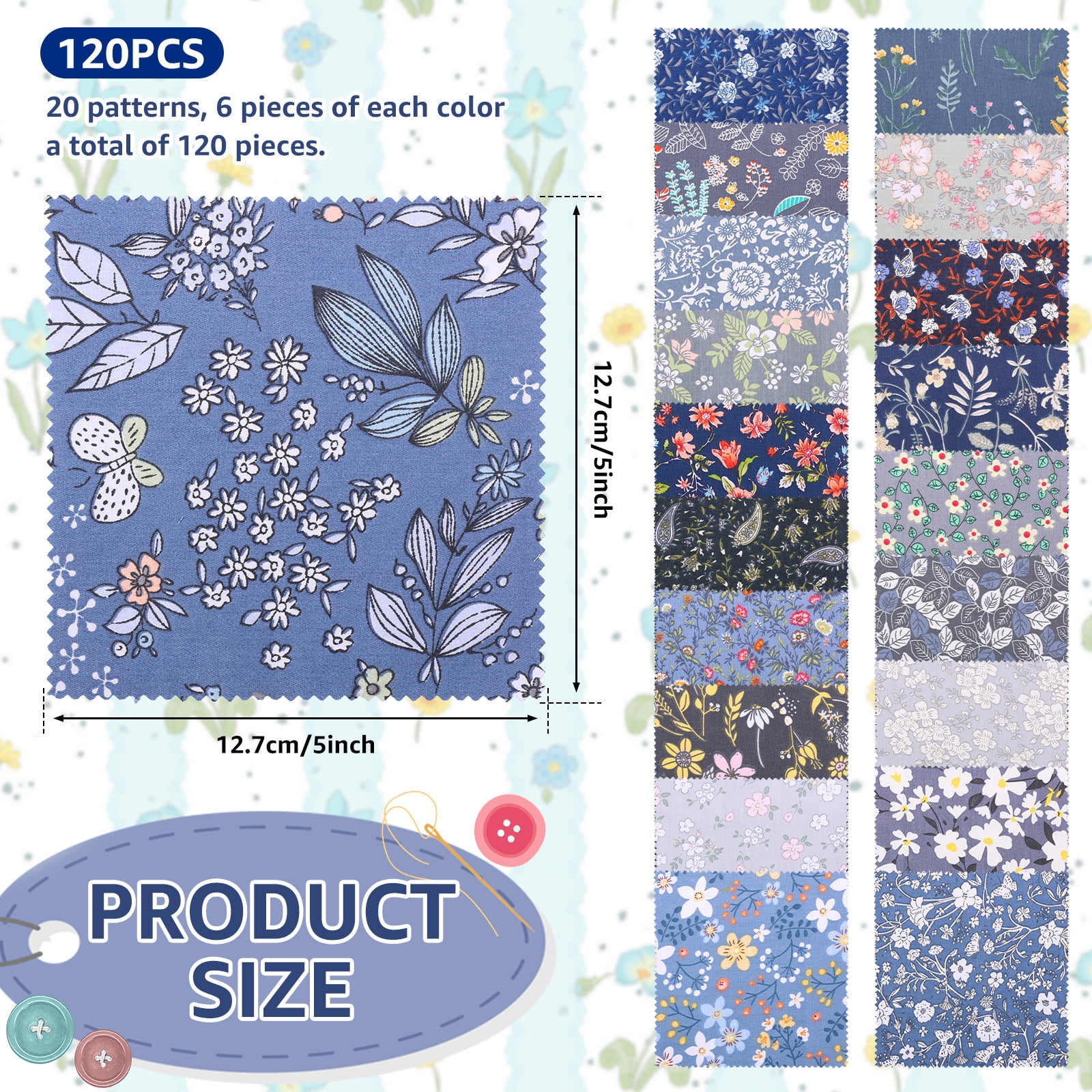 120 PCS 5.5"x 5.5" Cotton Floral Fabric Squares for Quilting Precut Patchwork Fabric Bundle Quilting Supplies for Sewing DIY and Quilting Beginner