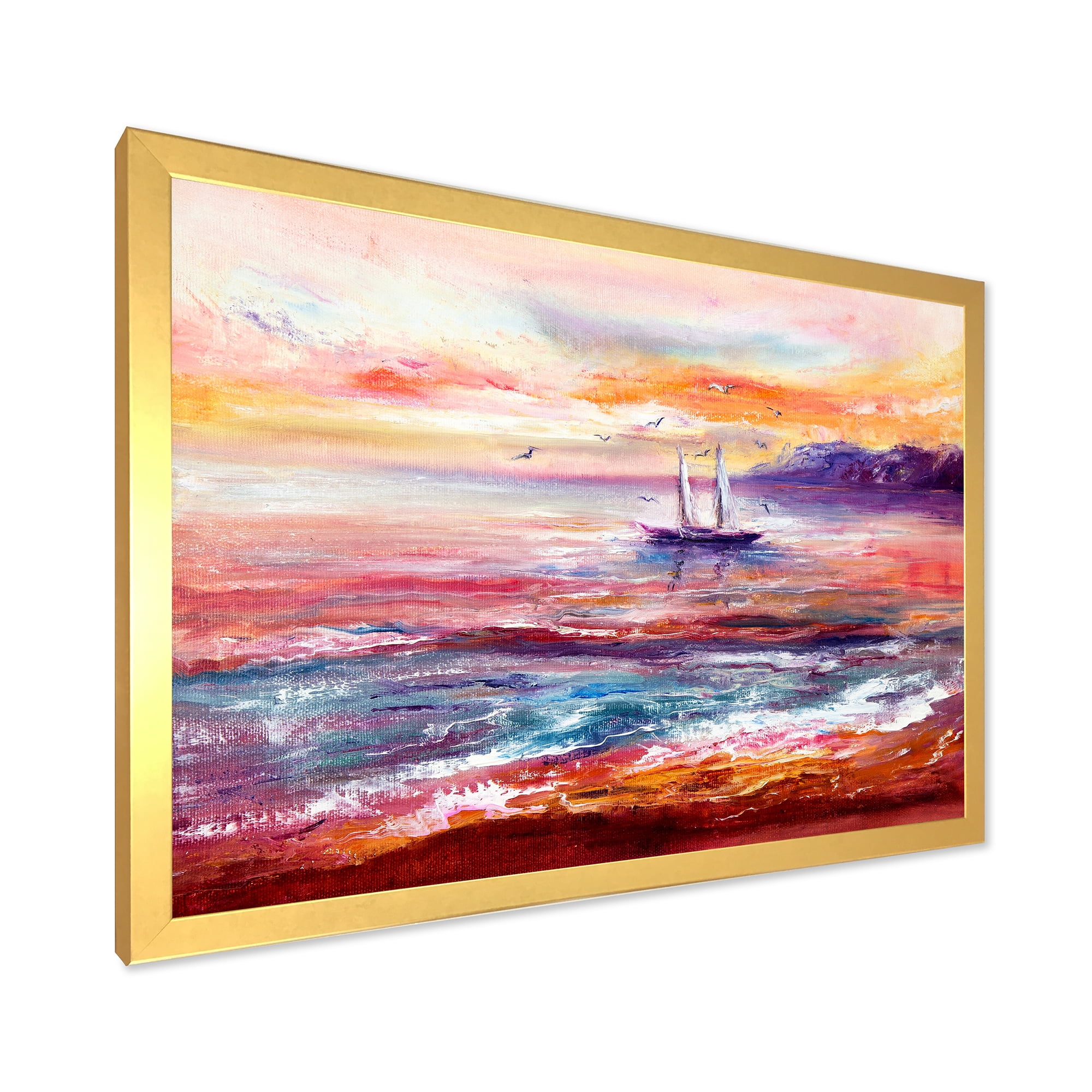 Designart 'Boat On The Ocean During VIbrant Sunset Glow' Nautical & Coastal Framed Art Print