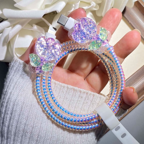 Tianyeda 2Pcs shining Flower Charging Cable Protectors with 1pc Spiral Protective Rope