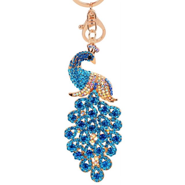 Llavero de aleación de metal con diamantes de imitación y cristales de pavo real, llavero, colgante, decoración, regalo para bolso de mujer