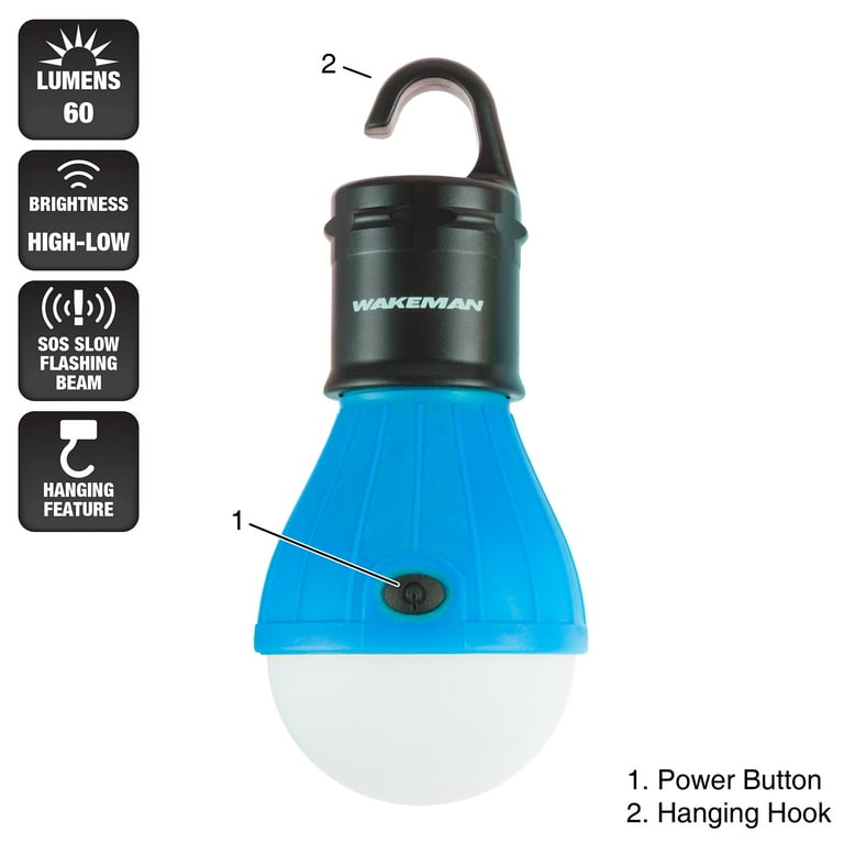 Portable LED Tent Light Bulb- 2 Pack Hanging Lights with 3 Settings and 60  Lumen By Wakeman Outdoors (For Camping Hiking Tents and Emergency) 