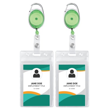2 Pack ID Badge Holder with Clip – Transparent Green Badge Reels with ID Sleeves Set – Clear Id Card Holder Retractable – Vertical Lanyard Id Holder with Badge Reel – Badge Holders with 24" Pull Cord
