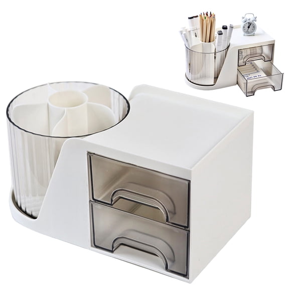 Desk Organizer with Rotating Pencil Pen Holder and 2 Small Drawers, Desk Caddy for Office Workspace Organization and Storage (White)