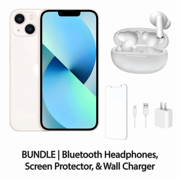 Apple iPhone 13 128GB Starlight Fully Unlocked with Bluetooth Headphones, Screen Protector, & Wall Charger