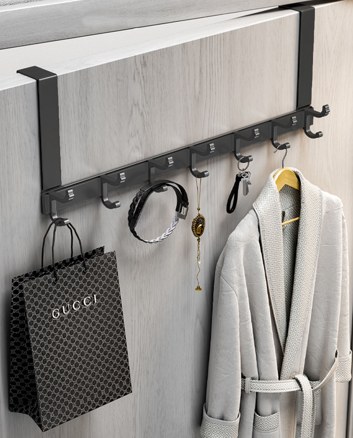 Over The Door Hooks for Hanging,Heavy Duty Hanger Holder for Hanging with 5 Dual Hooks,Over The Door Hanger Hook, Black Over the Door Towel Rack Fits 1-3/4" Thick Door