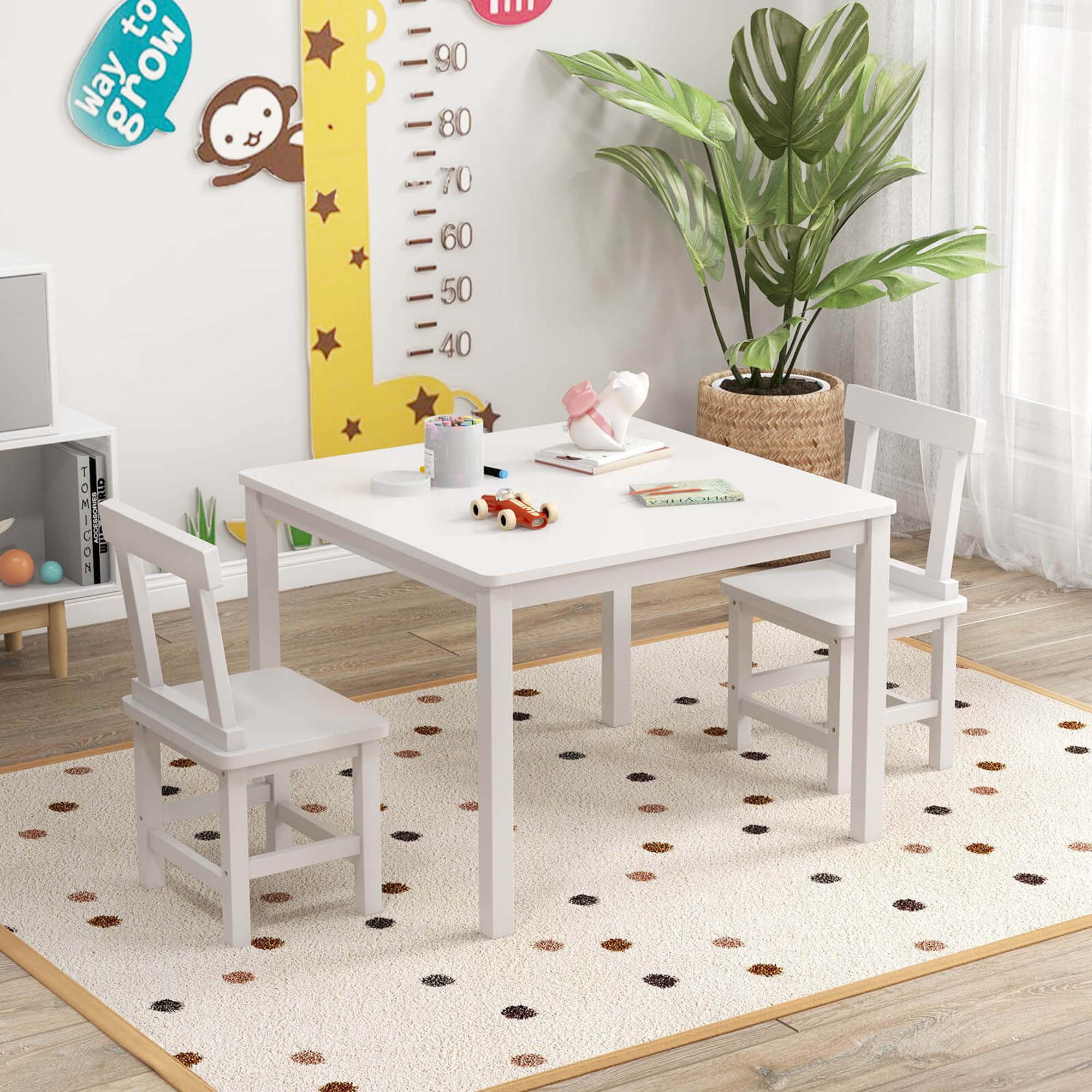 Costway Wooden Kids Table and 2 Chairs Set with Rubber Wood Legs Anti-slip Foot Pads White