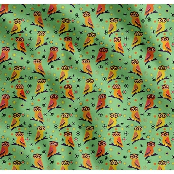 Soimoi Green Cotton Voile Fabric Circle & Owl Cartoon Decor Fabric Printed Yard 42 Inch Wide