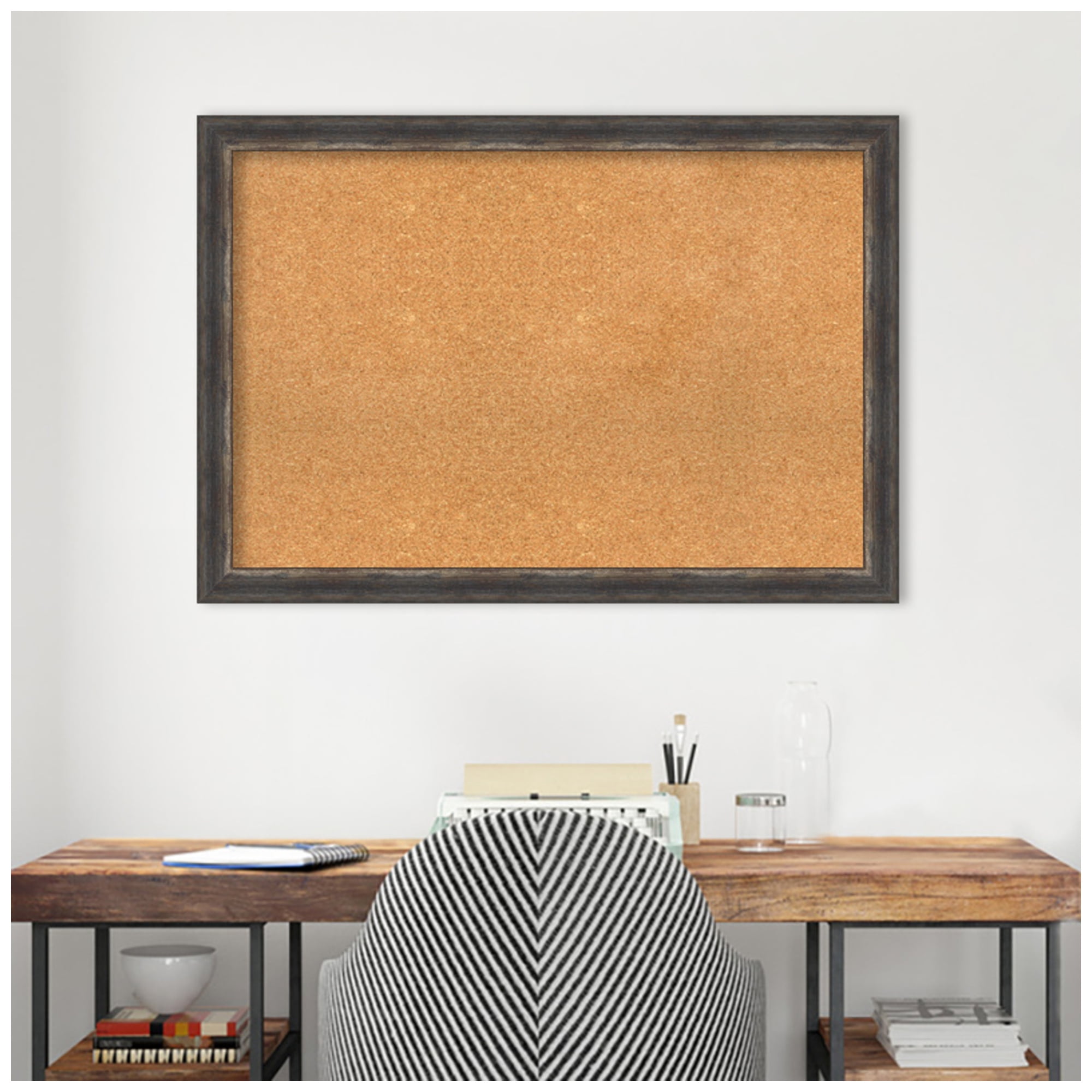 Amanti Art Natural Cork Board Framed Bark Rustic Char Narrow Bulletin Board 39 in. x 27 in.