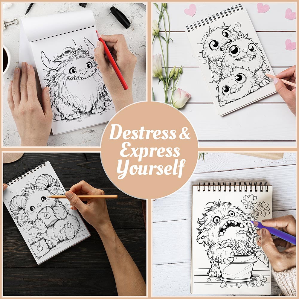 Netecom Monster Cuties Coloring Book Spiral Bound for Adults, A5 Wooden Cover, 30 Adorable Monsters Coloring Pages of Fanciful World for Stress Relief and Relaxation