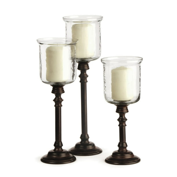 Set of 3 Bronze and Clear Contemporary Hurricane Candle Holders 14.5