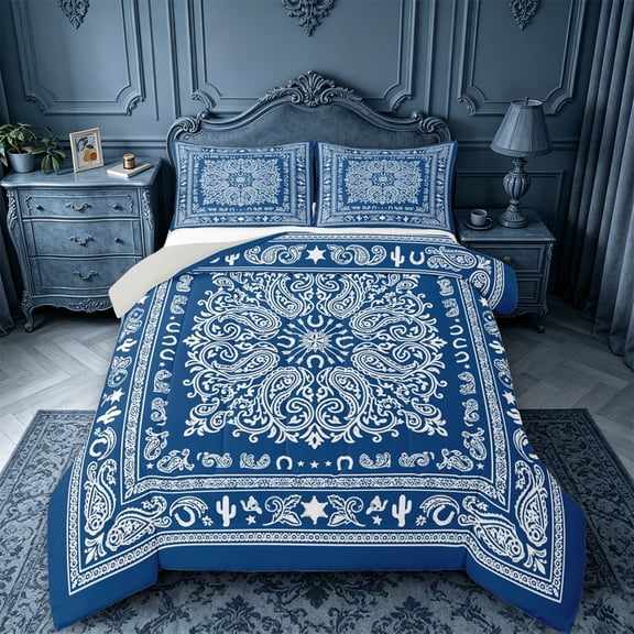 jejeloiu Nautical Vintage Floral Queen Comforter Set For Men Women,Paisley Print Comforter Sets Queen,Blue White,Light Gray Reversible,3 Pieces,1 Comforter and 2 Pillowcases
