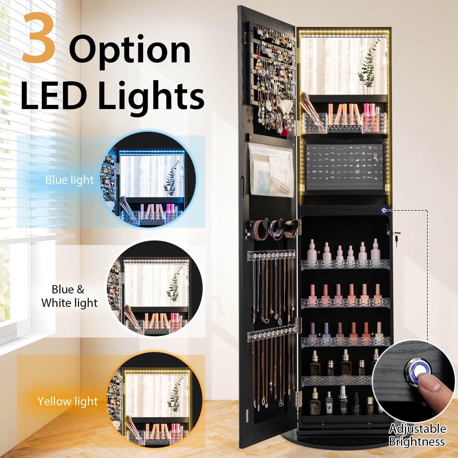 Costway 360° Swivel Jewelry Cabinet Organizer 3-Color LED Mirror with Built-in Lights Black