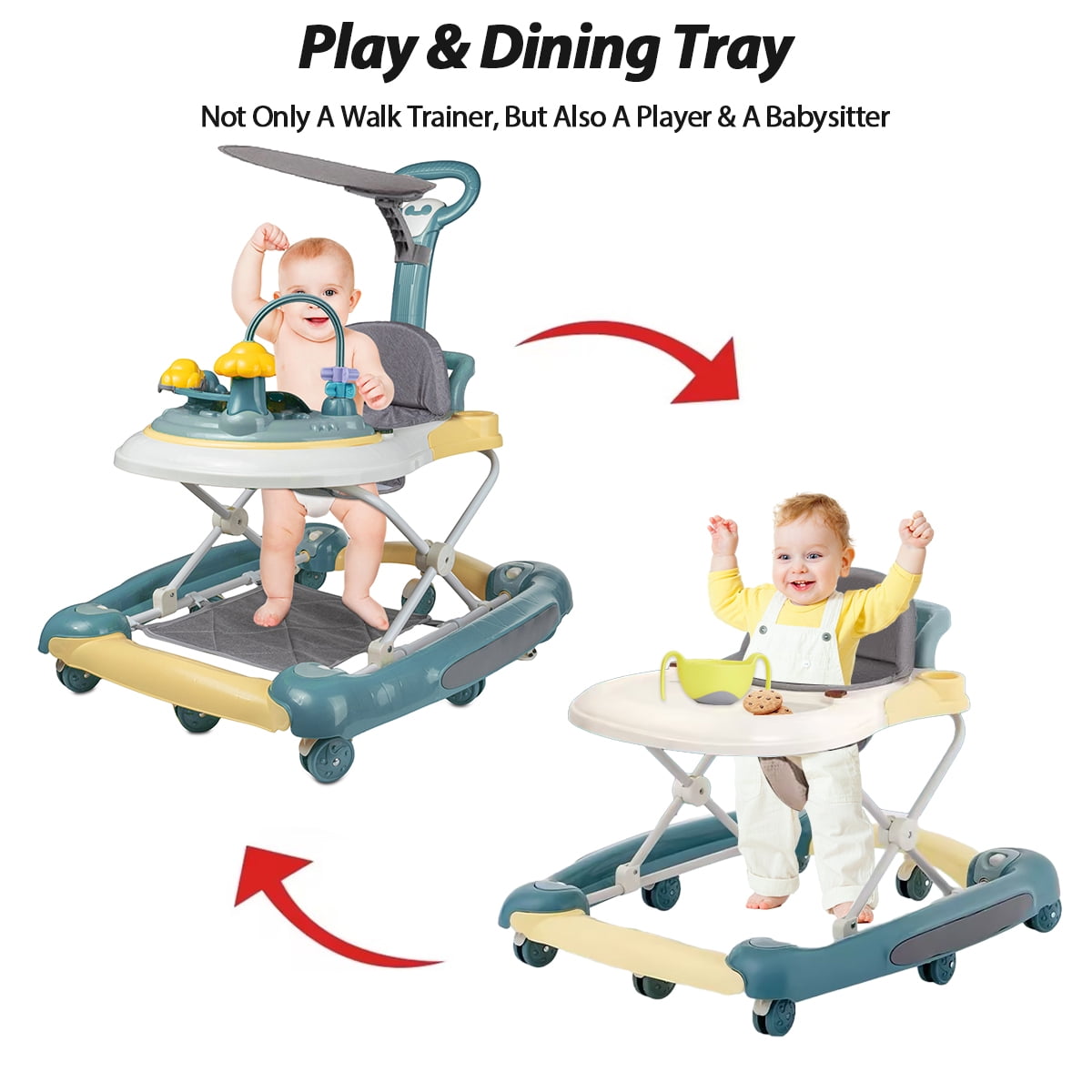 SIMANLI Baby Walker, 4 in 1 Foldable Walkers with Wheels & Removable Feeding Tray & Music Tray, Activity Push Walker for Baby Boys / Girls, Blue