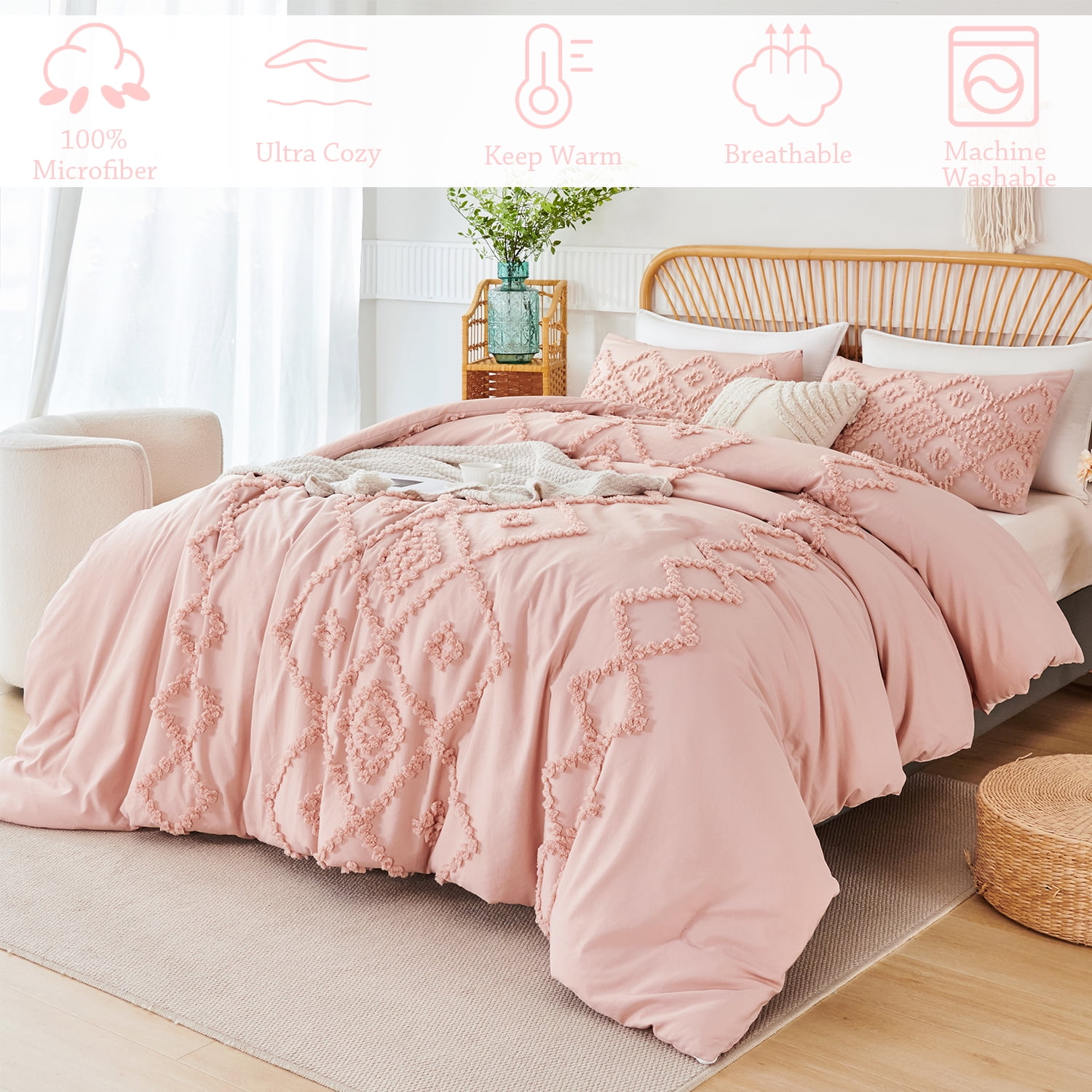 RYNGHIPY Jacquard Tufts Bedding Set Pink King 3 Pcs Farmhouse Style Geometric Solid Blush Comforter Set with Pillowcases Lightweight Microfiber (King, Pink)