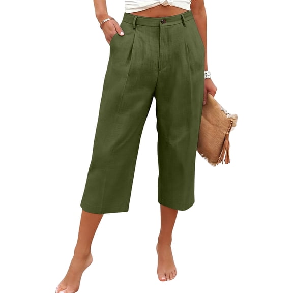 Wutalume Women's Solid Casual Fashionable Breathable Loose Cotton Linen Seven Quarter Length Cropped Pants Summer Lightweight Comfortable,Army Green L