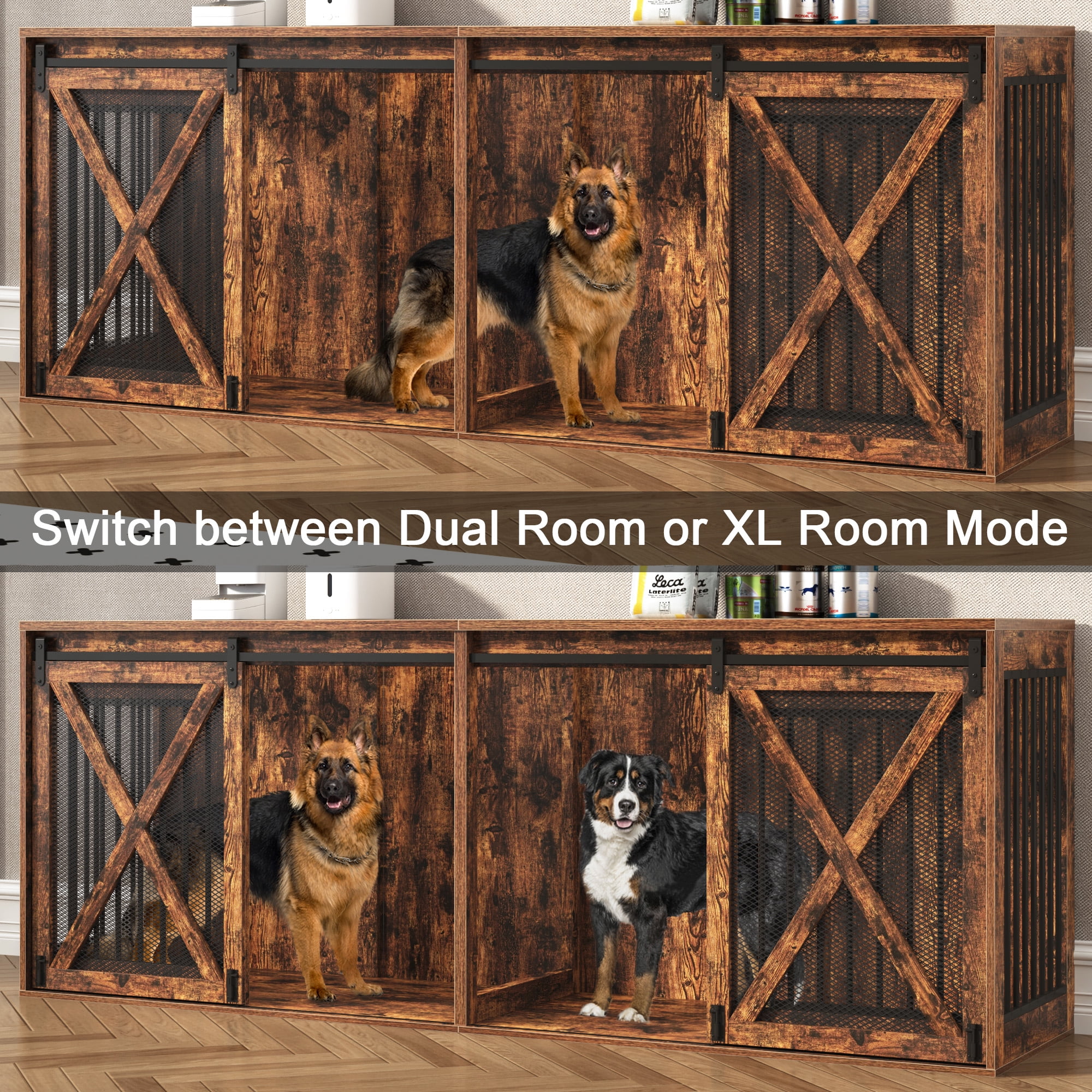 Nordee 94.5" Wooden Dog Crate Furniture for 2 Large Dogs, Heavy Duty Double Dog Kennel with Divider, Extra Large Breed, 35.4" Tall,Rustic Brown