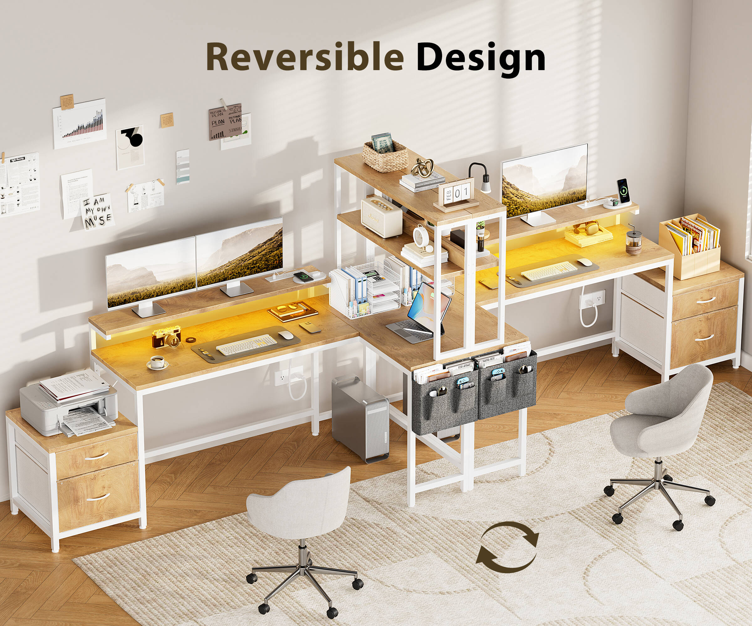 GUNAITO L Shaped Gaming Desk with CPU Stand, 71" Corner Computer Desk,Reversible Office Desk with File Drawers Cabinet,3-Tier Shelf,Natural