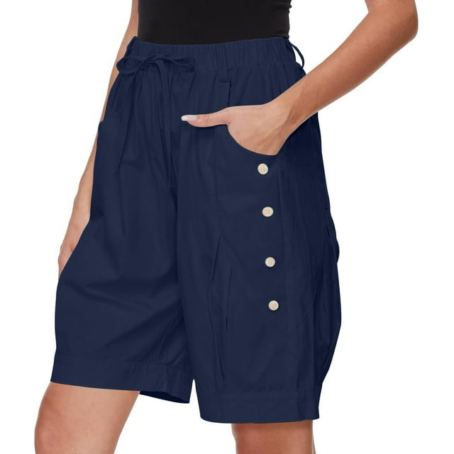 Mgmyaa Women's Bermuda Shorts Casual Summer Wide Leg Mid Length High Waisted Drawstring Short Pants with Pockets