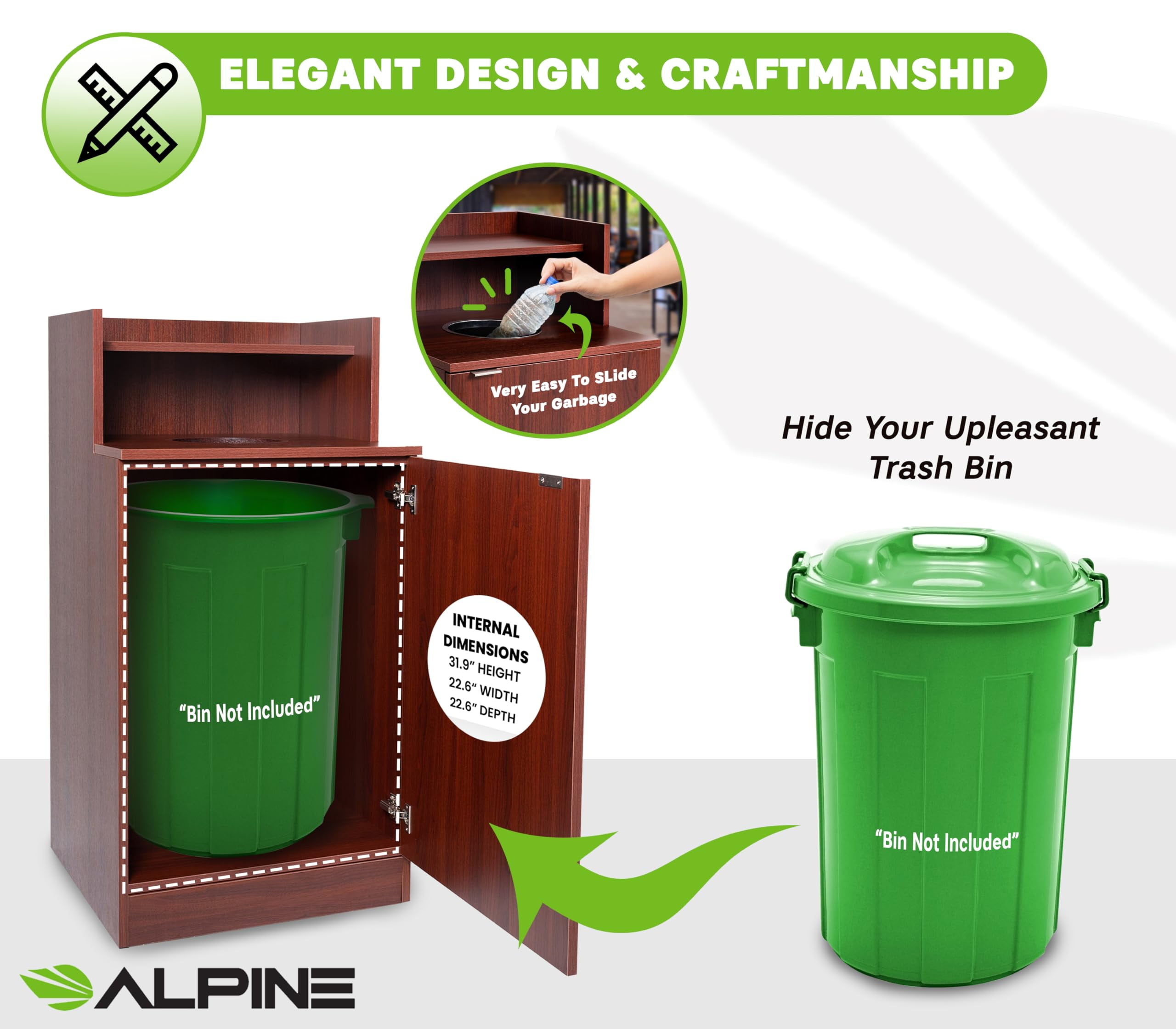 Alpine Restaurant Trash Bin Cabinet - Commercial Trash Can Garbage Receptacle with Tray Holder for 32 Gallon Garbage Bin (Mahogany)