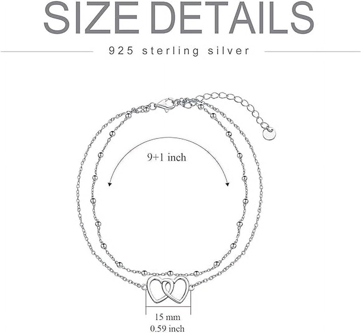 SOULMEET Sterling Silver Heart&Heart Lab Grown Silver Anklets, 9 in Rosary Chain, Includes Gift Box
