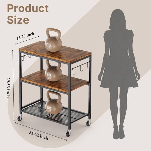 3 Tier Rolling Kitchen Microwave Cart with 6 Hooks, Utility Cart Storage Table Stand on Lockable Wheels, Small Coffee Shelf Rack Organizer, Brown