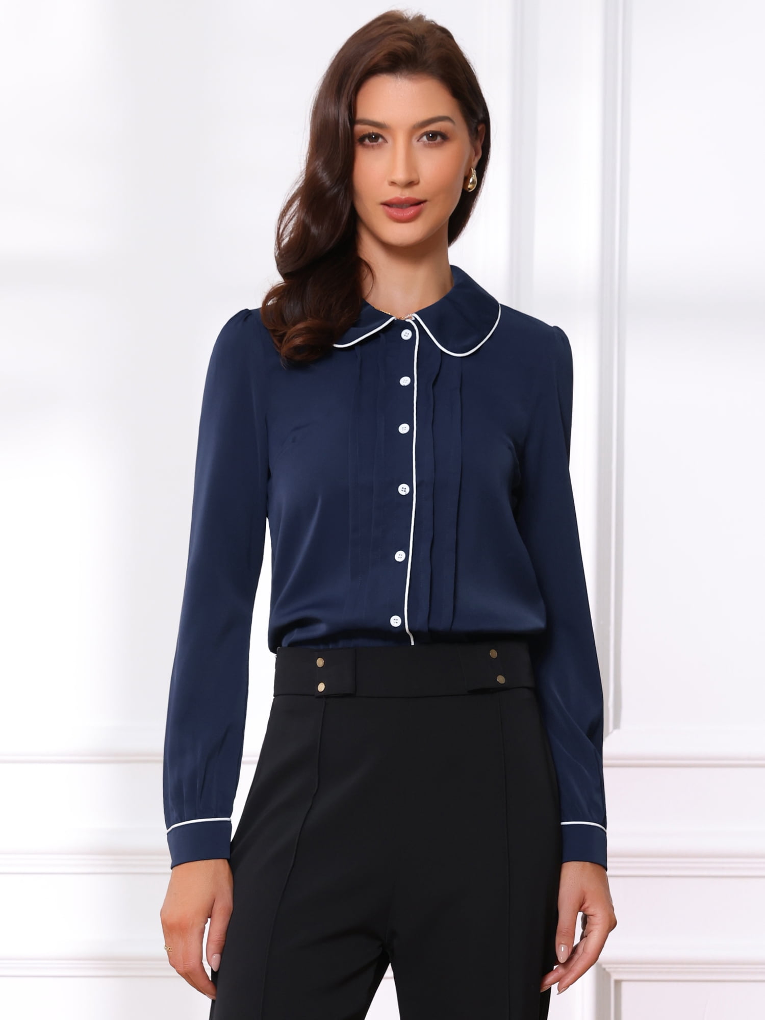 DARING DIVA Women's Collar Shirt Long Sleeve Elegant Button Down Blouse M Dark Blue