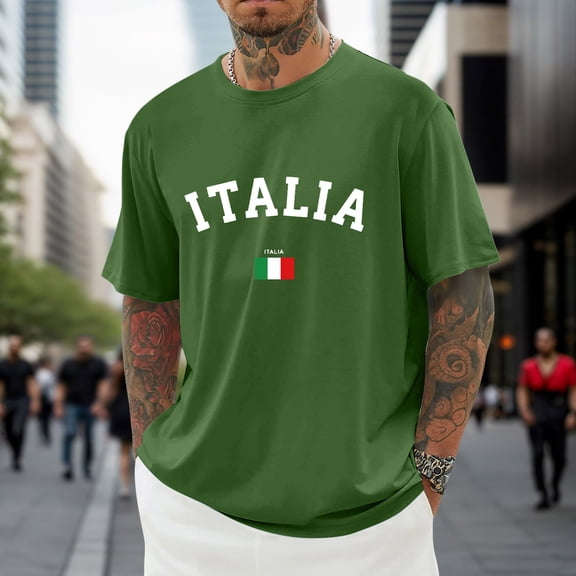 Mens Italy Flag Letter Print T Shirt Italian Pride Casual Short Sleeve Crewneck Tee Graphic Top Summer Travel Lightweight Shirt L