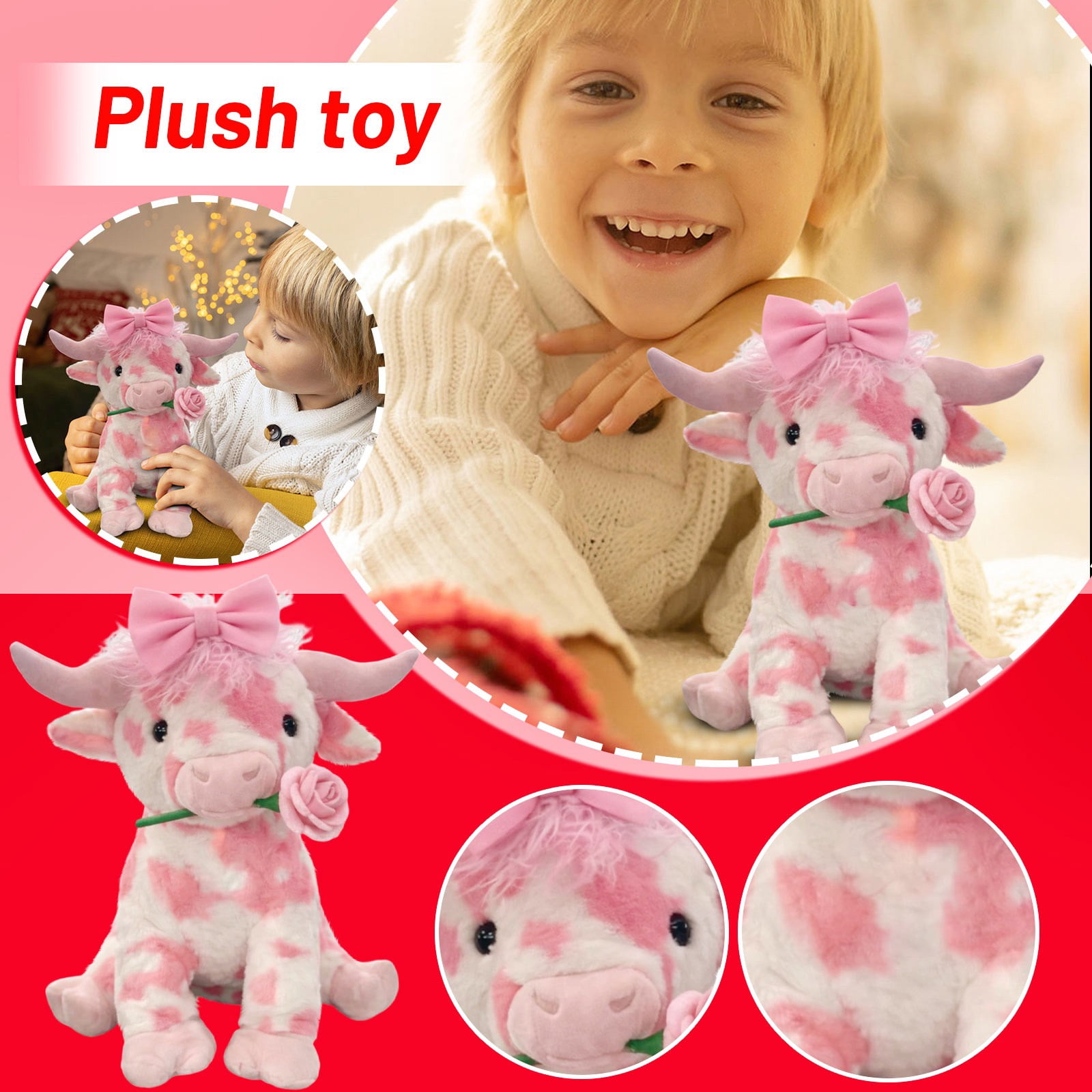 14inch Kawaii Pink Cow with Rose Stuffed Animals Plush Toy, Soft Plush Doll, Perfect Birthday Christmas Valentines Anniversary Easter Holiday Gifts, Easter Basket Stuffers