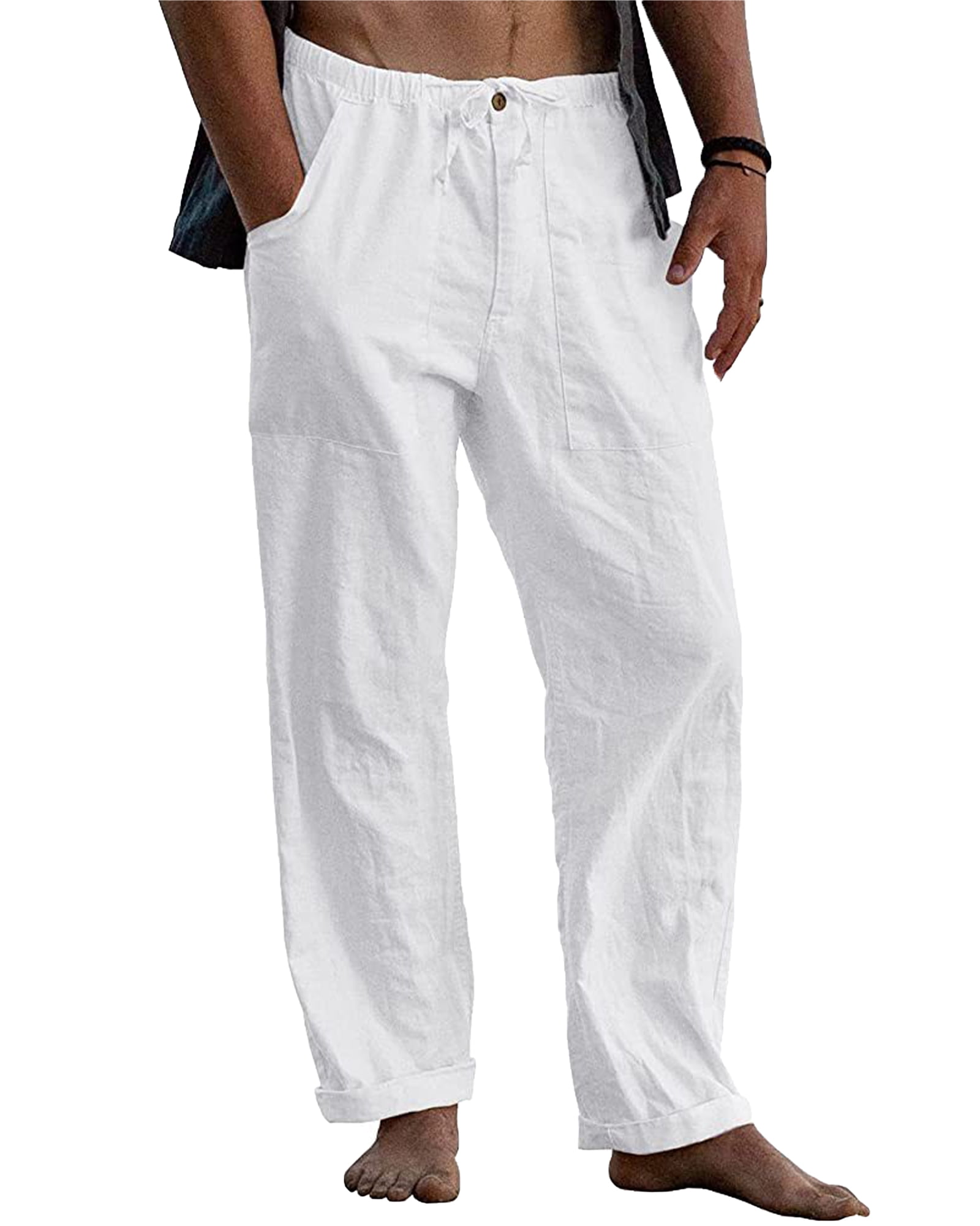 LVCBL Men's Summer Loose Casual Linen Long Trousers with Pockets ...