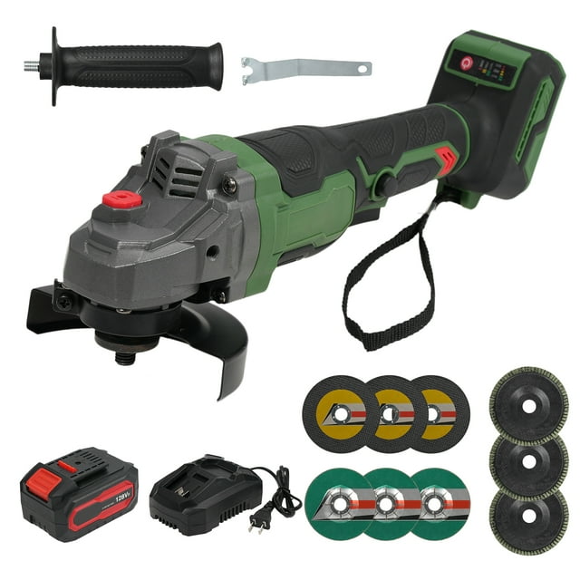 Lepmerk Meuleuse d'Angle Sans Fil Sans Balais 20V avec Roue de 100mm, 3 Vitesses Réglables (2600/8500/10000 Tr/min), Batterie 4.0Ah, Comprend 3 Meules, 3 Disques de Coupe, 3 Disques à Rabat, Noir et Vert,