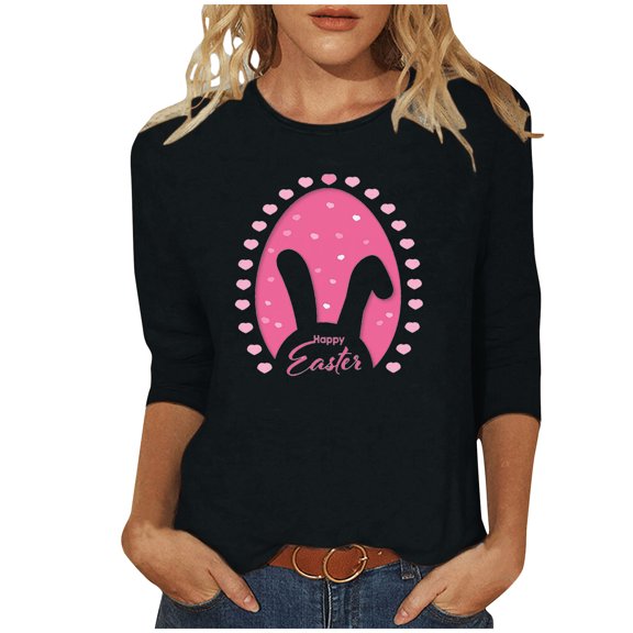 EQWLJWE Womens 3/4 Length Sleeve Tops Easter Shirts Casual Round Neck Loose Bunny Ear Eggs Graphic T-Shirt Summer Pullover Blouses for Beach Pool Short Trip(Black,3XL)