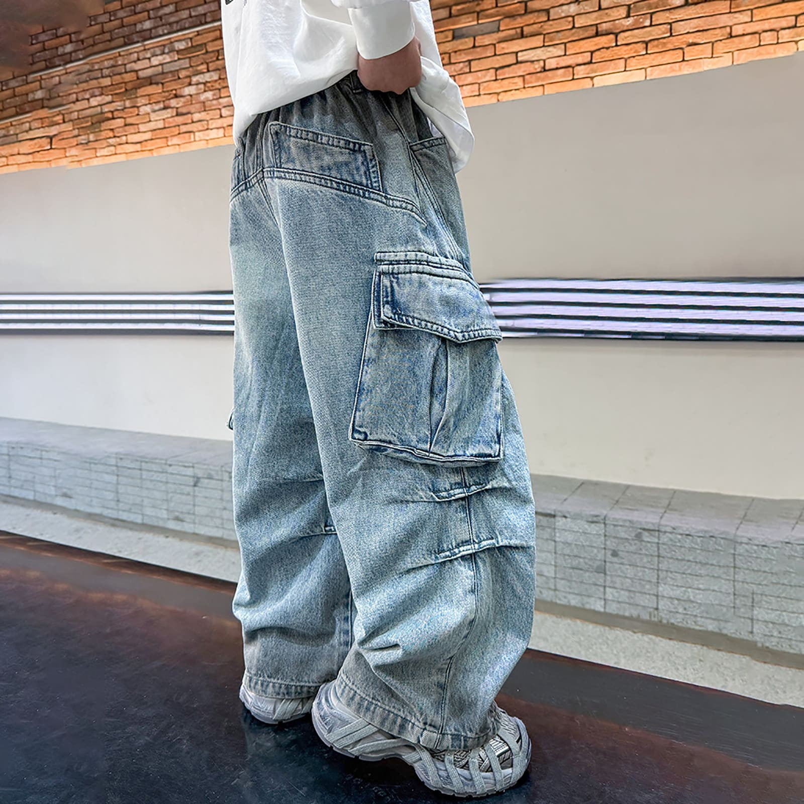 Byoo Tween Boy Cargo Denim Pants Solid Color Wide Leg Elastic
