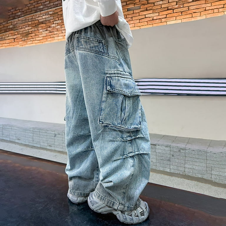 Girls Baggy Jeans Wide Leg Pants Elastic High Waisted Denim Cargo