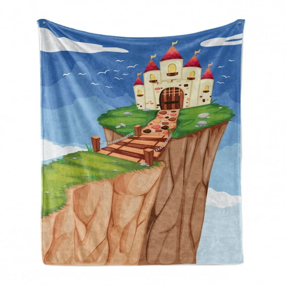 Cartoon Soft Flannel Fleece Throw Blanket, Fairytale Themed Fantasy Palace on Edge of Mountain Peak Nursery Castle Doodle, Cozy Plush for Indoor and Outdoor Use, 70" x 90", Multicolor, by Ambesonne