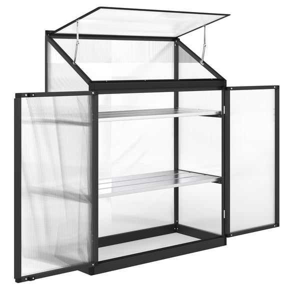 Outsunny Polycarbonate Greenhouse with Roof Vent and Doors, Black