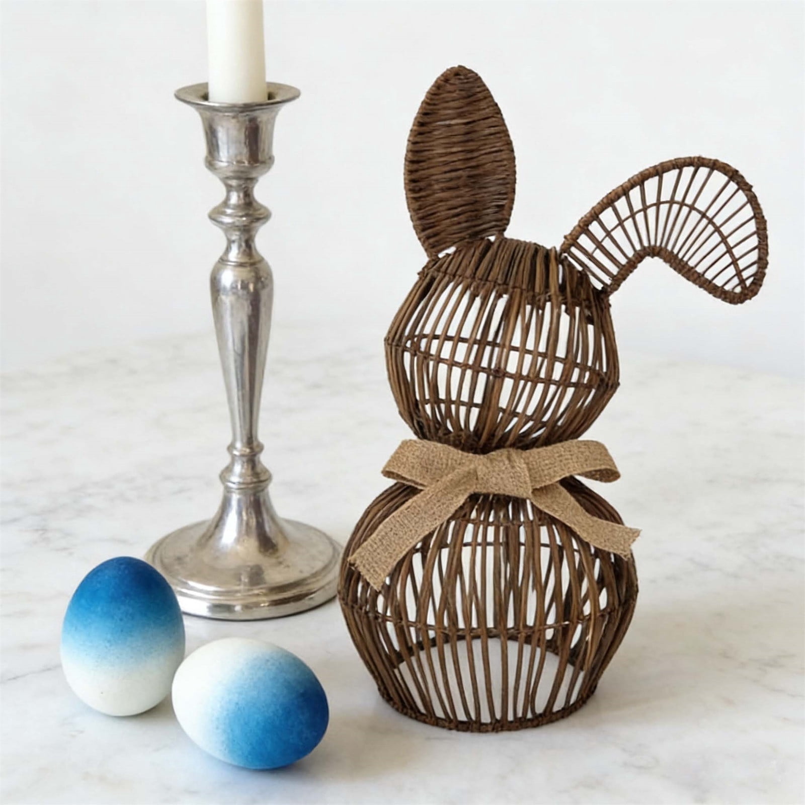 Easter Decorations Handmade Wooden Bunny, Natural Rattan Hand-Woven Easter Basket for Egg Hunt, Rustic Spring Table Centerpiece for Home, 1 Count
