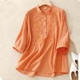 thumbnail image 5 of Cotton Linen Tops for Women 3/4 Sleeve Loose Embroidery Quarter Button Up Shirts Round Neck Light Casual Tunic Blouses (M, Orange), 5 of 5